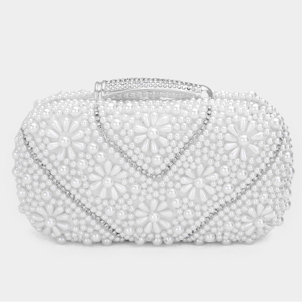 White Embellished Oblique Pearl Evening Bag